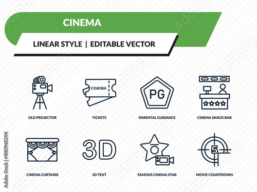cinema icons set - old projector, tickets, parental guidance, famous cinema star, movie countdown outline vector collection.