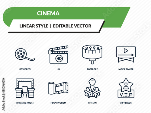 cinema icons set - movie reel, hd, zoetrope, hitman, vip person outline vector collection.