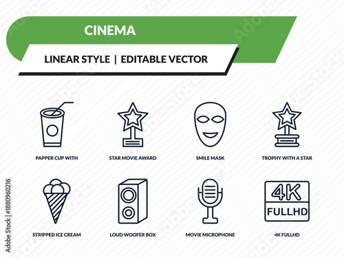 cinema icons set - papper cup with straw, star movie award, smile mask, movie microphone, 4k fullhd outline vector collection.