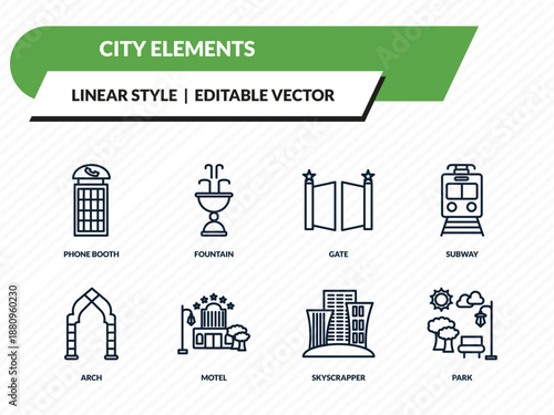 city elements icons set - phone booth, fountain, gate, skyscrapper, park outline vector collection.