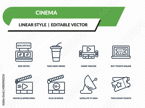 cinema icons set - box office, take away drink, home theater, satellite tv dish, two movie tickets outline vector collection.