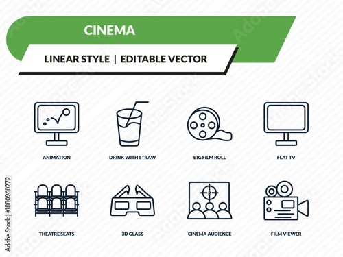 cinema icons set - animation, drink with straw, big film roll, cinema audience, film viewer outline vector collection.