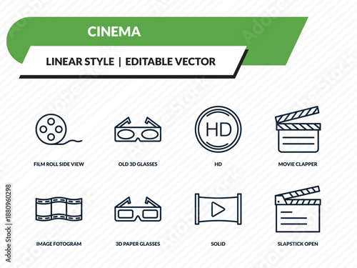 cinema icons set - film roll side view, old 3d glasses, hd, solid, slapstick open outline vector collection.