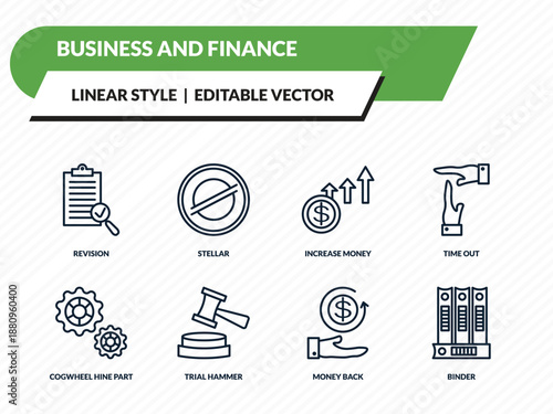 business and finance icons set - revision, stellar, increase money, money back, binder outline vector collection.