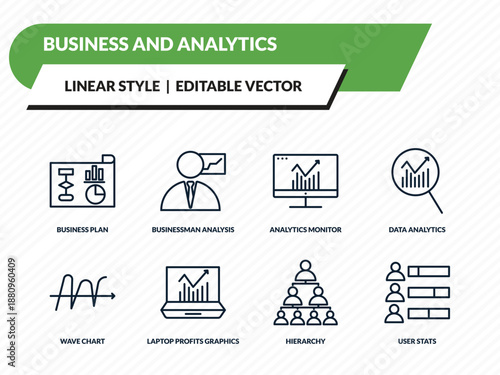 business and analytics icons set - business plan, businessman analysis, analytics monitor, hierarchy, user stats outline vector collection.