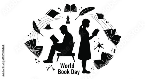 An artistic illustration showcases reading figures surrounded by open books feathers and writing tools celebrating world book day silhouette high quality