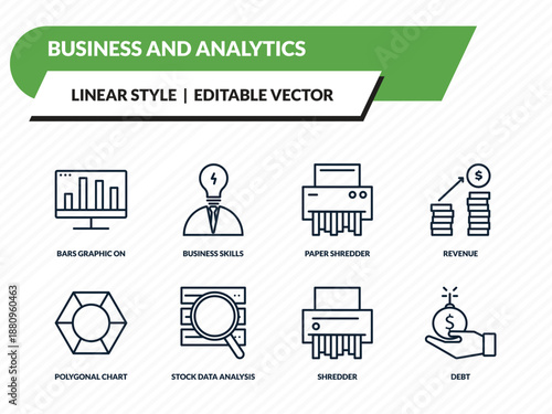 business and analytics icons set - bars graphic on screen, business skills, paper shredder, shredder, debt outline vector collection.