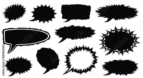 A collection of diverse black speech bubbles and comic book elements displayed on a white background presented as a striking silhouette