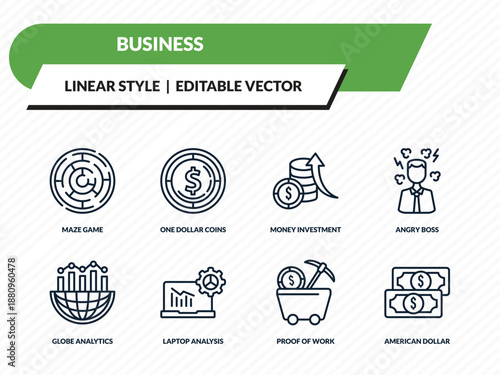 business icons set - maze game, one dollar coins, money investment, proof of work, american dollar bill outline vector collection.