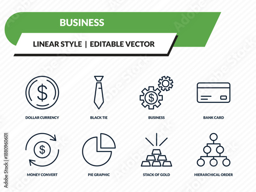 business icons set - dollar currency, black tie, business, stack of gold, hierarchical order outline vector collection.