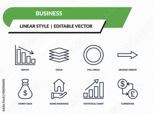 business icons set - deficit, stack, full circle, statistical chart, currencies outline vector collection.