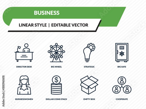 business icons set - director desk, big wheel, strategic, empty box, cooperate outline vector collection.