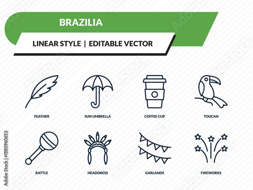 brazilia icons set - feather, sun umbrella, coffee cup, garlands, fireworks outline vector collection.