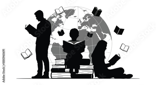 A striking visual represents global education with figures reading books against a world map captured as a compelling silhouette high quality