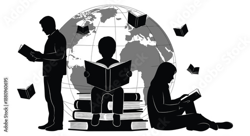 Global education and knowledge dissemination are visually represented with figures reading books amidst a world map rendered as a striking silhouette