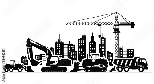 a striking black and white cityscape with construction vehicles and machinery presented in a bold dramatic silhouette high quality professional detailed