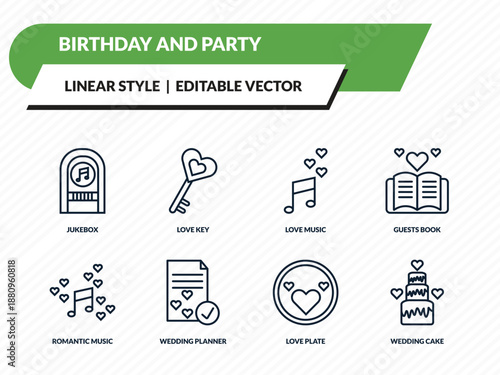 birthday and party icons set - jukebox, love key, love music, love plate, wedding cake outline vector collection.