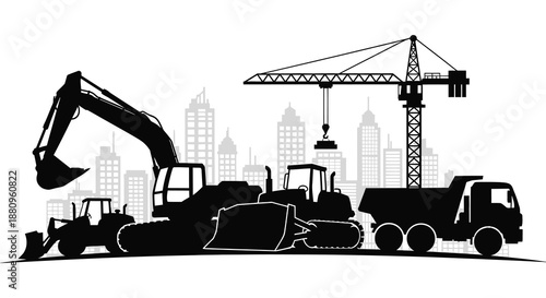 Construction scene with heavy machinery including a crane excavator bulldozer and dump truck against a city skyline silhouette high quality professional