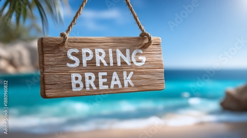 A sign hanging from a tree that says Spring Break