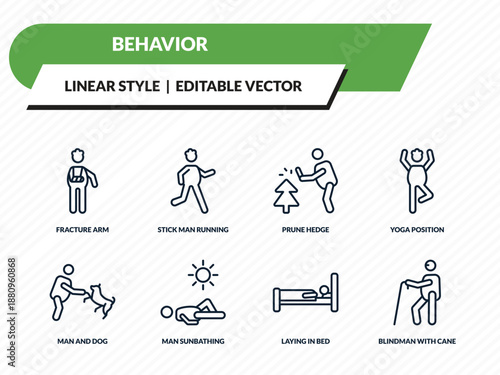 behavior icons set - fracture arm, stick man running, prune hedge, laying in bed, blindman with cane outline vector collection.