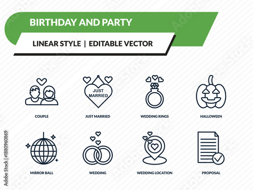 birthday and party icons set - couple, just married, wedding rings, wedding location, proposal outline vector collection.