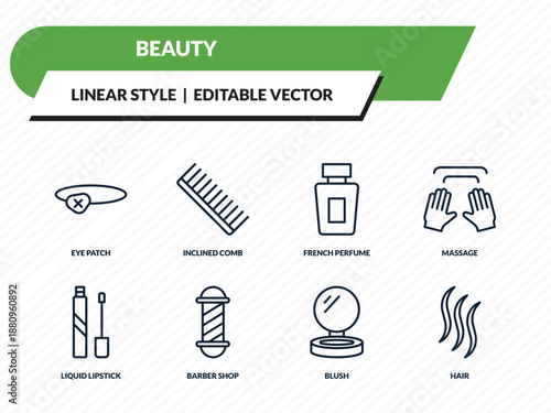 beauty icons set - eye patch, inclined comb, french perfume, blush, hair outline vector collection.
