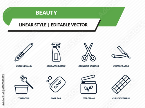 beauty icons set - curling wand, aplicator bottle, open hair scissors, feet cream, curler with pin outline vector collection.