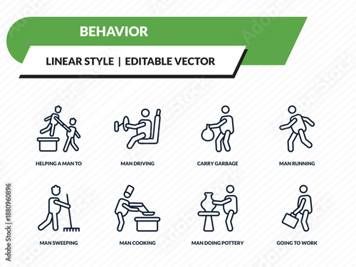 behavior icons set - helping a man to climb, man driving, carry garbage, man doing pottery, going to work outline vector collection.