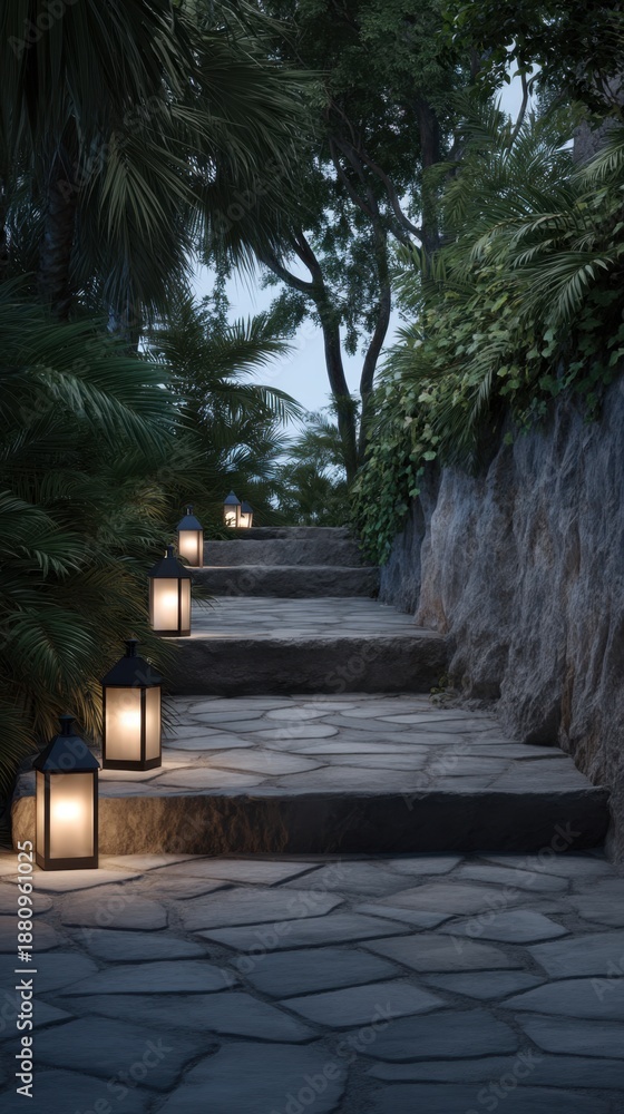 Obraz premium Serene Vertical Pathway of Stone Surrounded by Lush Greenery and Lanterns