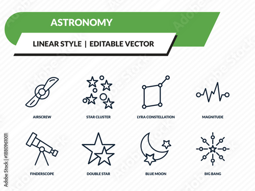 astronomy icons set - airscrew, star cluster, lyra constellation, blue moon, big bang outline vector collection.
