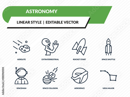 astronomy icons set - aerolite, extraterrestrial, rocket start, aerospace, ursa major outline vector collection.