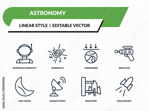 astronomy icons set - astronaut ingravity, supernova, aerosphere, spaceport, space rocket outline vector collection.