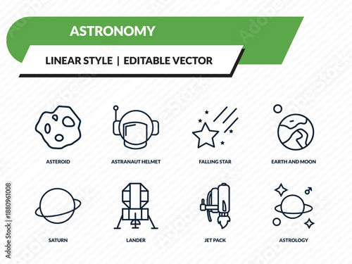 astronomy icons set - asteroid, astranaut helmet, falling star, jet pack, astrology outline vector collection.