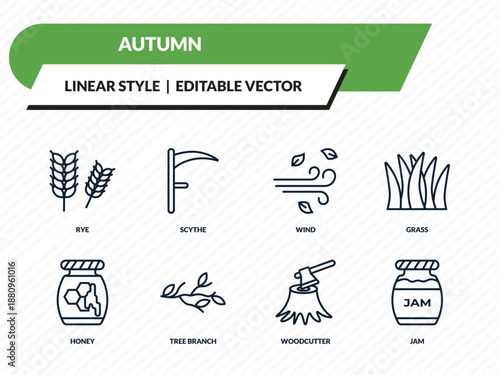 autumn icons set - rye, scythe, wind, woodcutter, jam outline vector collection.