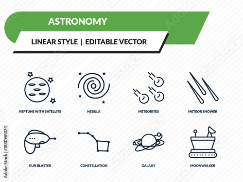 astronomy icons set - neptune with satellite, nebula, meteorites, galaxy, moonwalker outline vector collection.