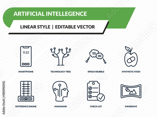 artificial intellegence icons set - smartphone, technology tree, speech bubble, check list, immersive outline vector collection.