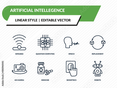 artificial intellegence icons set - infrared, quantum computing, speech, biometrics, robots outline vector collection.