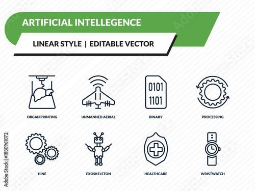 artificial intellegence icons set - organ printing, unmanned aerial vehicle, binary, healthcare, wristwatch outline vector collection.