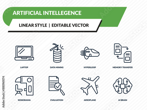 artificial intellegence icons set - laptop, data mining, hyperloop, aeroplane, ai brain outline vector collection.