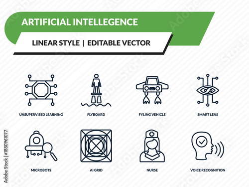 artificial intellegence icons set - unsupervised learning, flyboard, fyling vehicle, nurse, voice recognition outline vector collection.