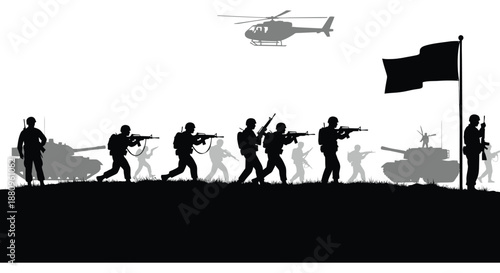 A stark depiction of soldiers in combat with military vehicles and an overhead helicopter presented as a dramatic silhouette high quality