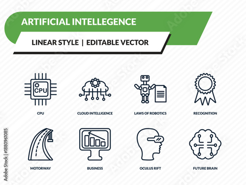 artificial intellegence icons set - cpu, cloud intelligence, laws of robotics, oculus rift, future brain outline vector collection.