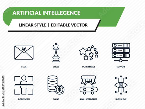 artificial intellegence icons set - mail, chess, outer space, high speed tube, bionic eye outline vector collection.