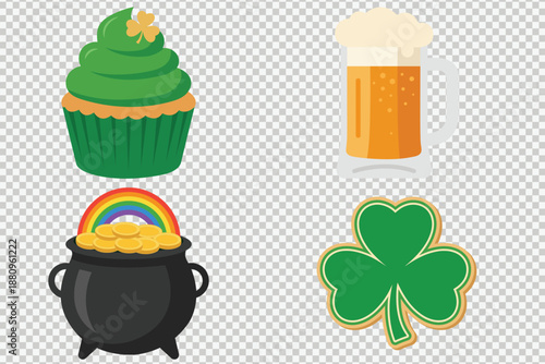 St. Patrick’s Day festive icons set including beer, cupcake, cauldron gold and shamrock vector illustration