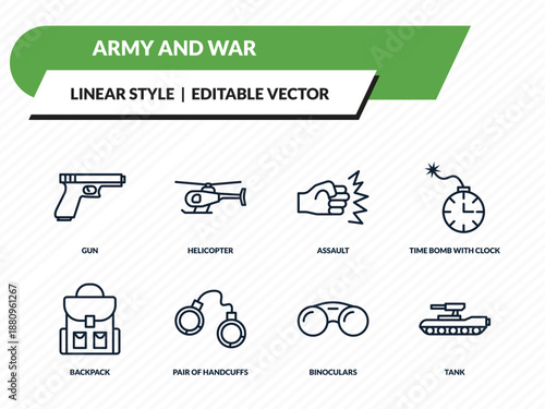 army and war icons set - gun, helicopter, assault, binoculars, tank outline vector collection.