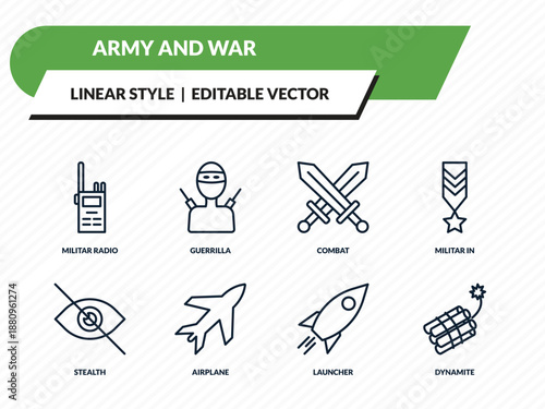 army and war icons set - militar radio, guerrilla, combat, launcher, dynamite outline vector collection.