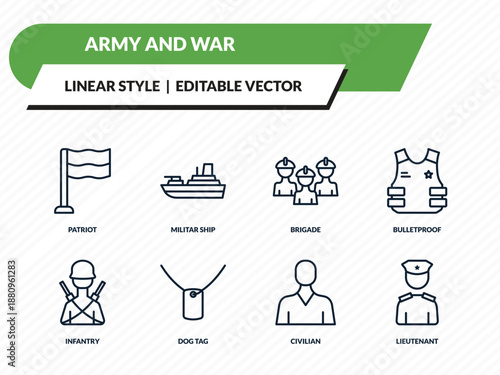 army and war icons set - patriot, militar ship, brigade, civilian, lieutenant outline vector collection.