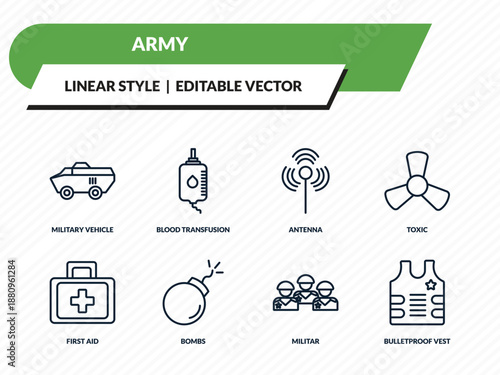 army icons set - military vehicle, blood transfusion, antenna, militar, bulletproof vest outline vector collection.