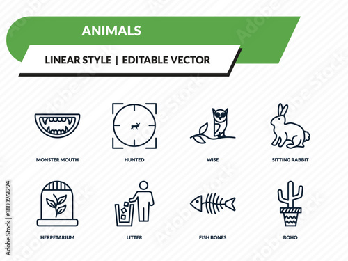 animals icons set - monster mouth, hunted, wise, fish bones, boho outline vector collection.