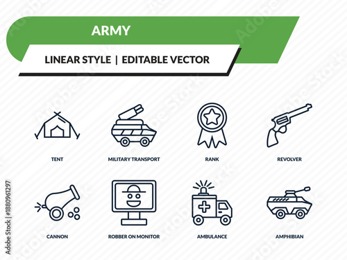 army icons set - tent, military transport, rank, ambulance, amphibian outline vector collection.